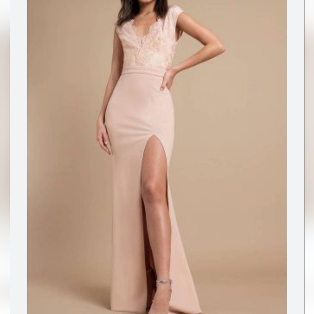 Maniju Blush Beige Scalloped V Neck Lace Sleeveless Top Side Slit Maxi Dress S